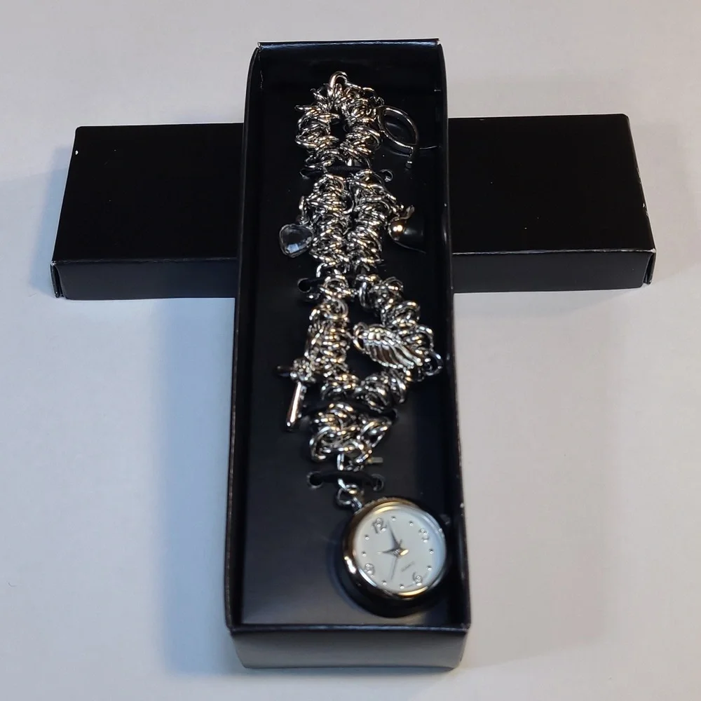 New In Box Avon Silver Charm Cross Watch Bracelet - Picture 1 of 7
